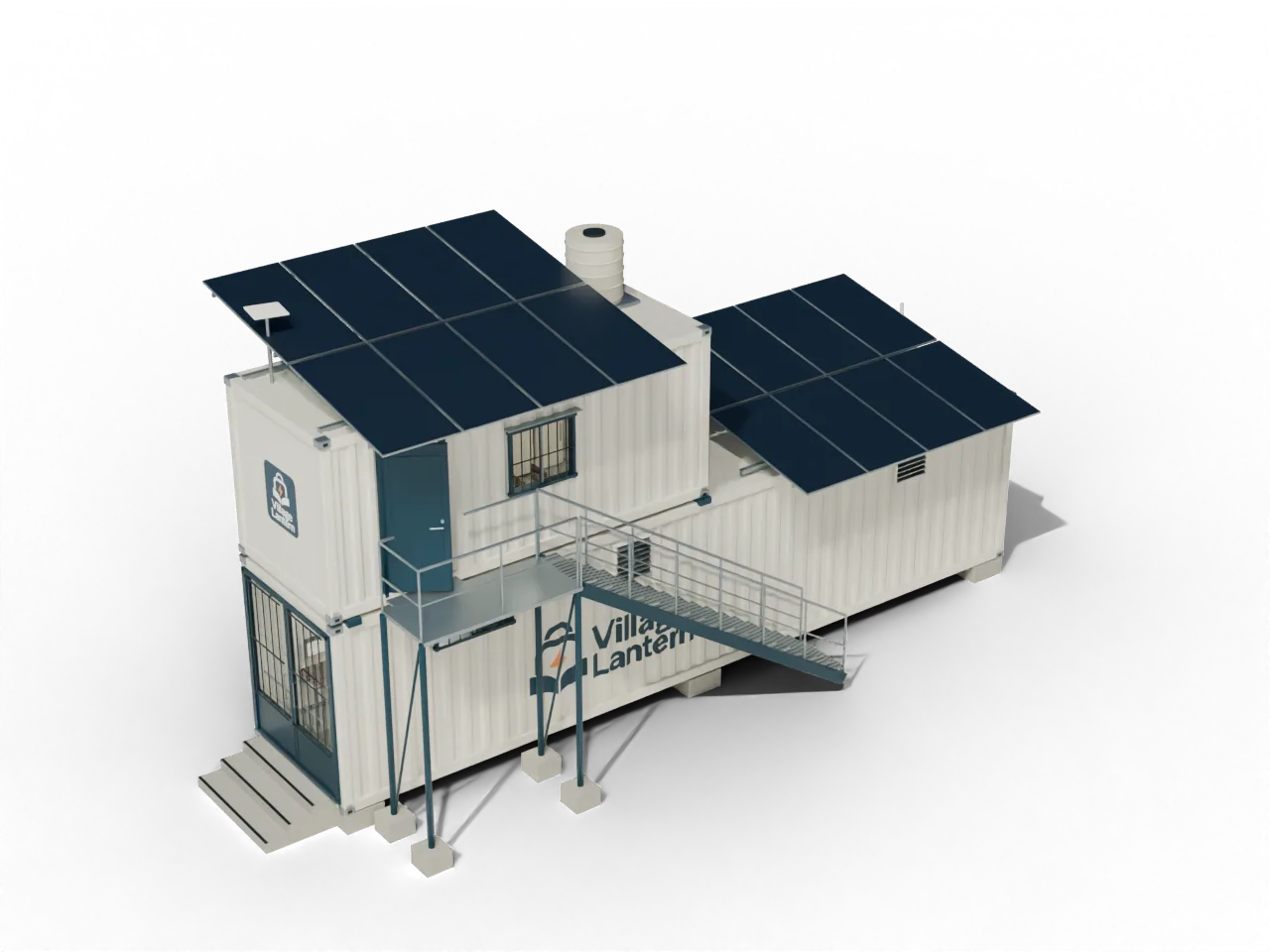 Assembled design showing the Lantern classroom, facilitator home, solar panels and external stairs